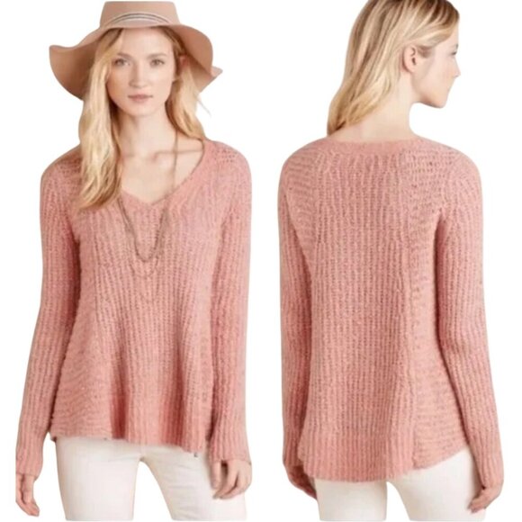 Anthropologie Moth Wool Alpaca Knit V-Neck Sweater Pullover Women's Medium Pink - Picture 1 of 15